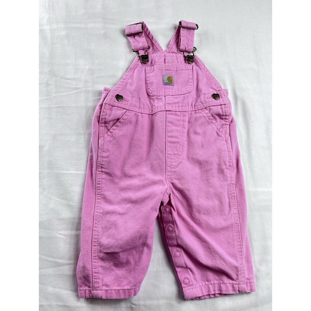 Carhartt Overalls Girls 6 Months Pink Canvas Bibs Pockets Heart Hardware Canvas